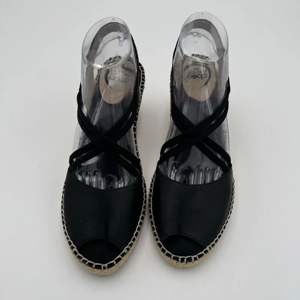 ABEO Delano Espadrille Wedge Sandal Black Leather Peep Toe Slip On 9N Crisscross